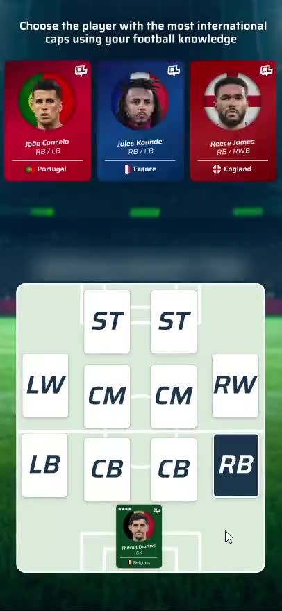 The Crowd Legends Daily XI Challenge being played inside OneFootball: choosing between three players by international caps, then filling a lineup
