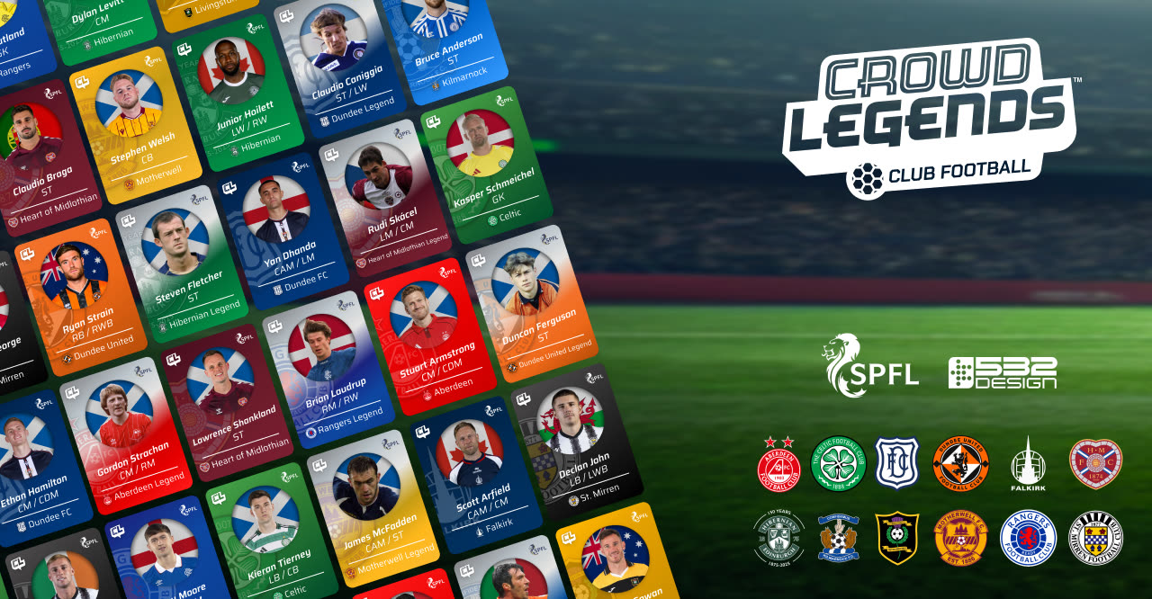 Crowd Legends: Club Football key art, showing a wall of licensed SPFL player cards beside the SPFL and 532 Design marks